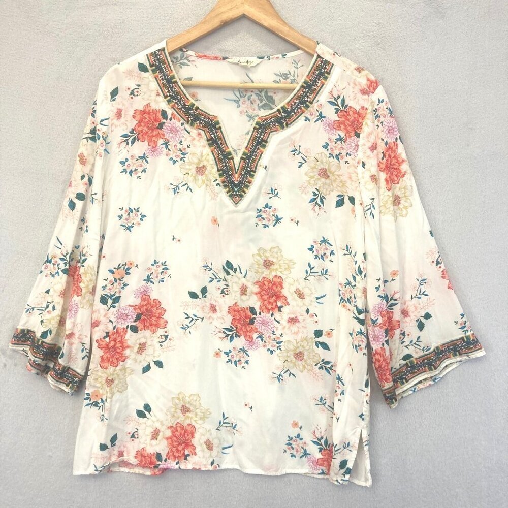 Linda Anderson Floral Embroidered Tunic Top Womens XL Boho‎ Colorful 3/4 Sleeve